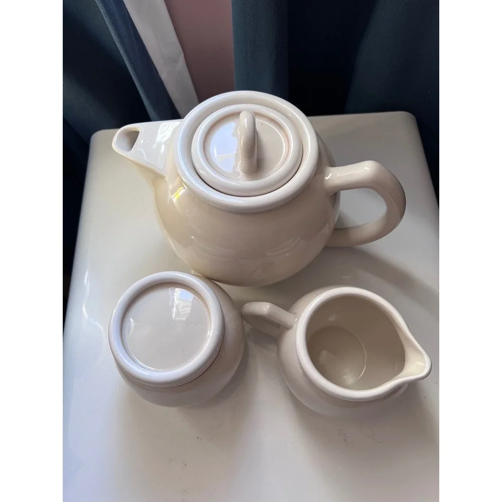 Vintage Epoch Cream Ceramic Teapot Sugar Bowl and Creamer Set Korea Stoneware‎